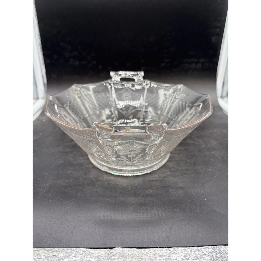 Vintage‎ Clear Etched Glass Octagonal Serving Bowl Floral Geometric Dual Handles